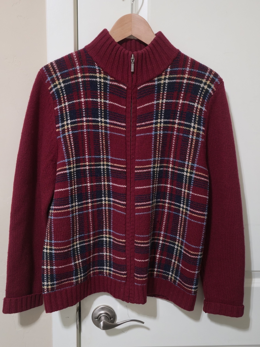 Vintage 90s Eddie Bauer Lambswool Full Zip Red Plaid Cardigan Large Cabincore